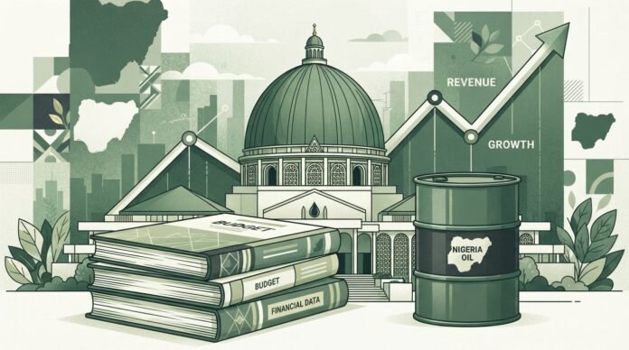 Illustration of Nigeria's National Assembly with budget documents and an oil barrel representing the 2005 Appropriation Bill