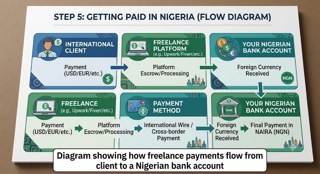 Diagram showing how freelance payments flow from client to a Nigerian bank account