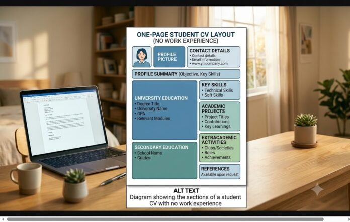 Diagram showing the sections of a student CV with no work experience