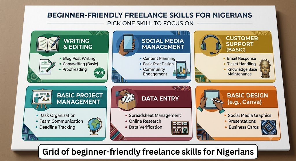 Grid of beginner-friendly freelance skills for Nigerians