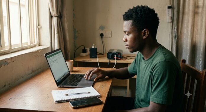 Young Nigerian freelancer working on a laptop from a home desk